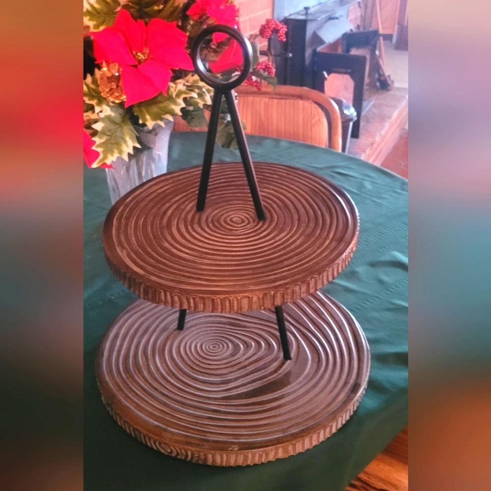 2 tier new metal wood look tray stand bronze